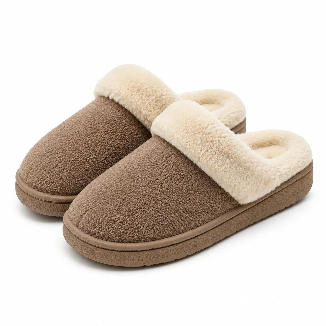 Hausschuhe 42/43 aus Textil in Taupe mit Kunstfellfutter für Damen und Herren