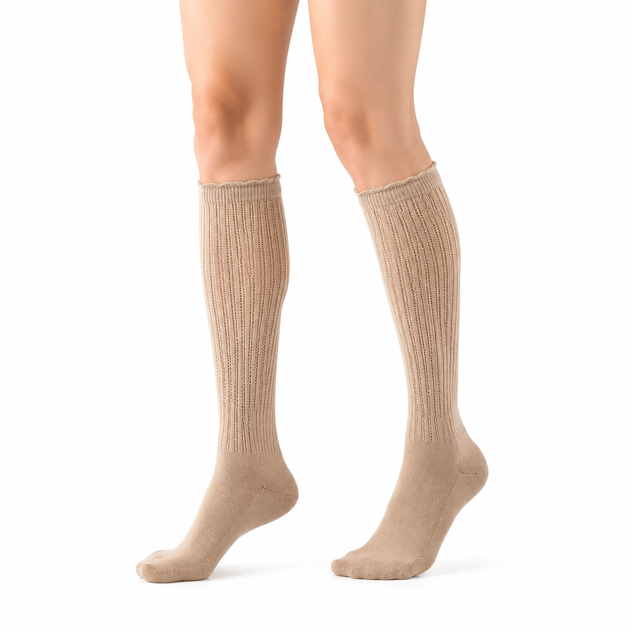 Kniestrümpfe 39-42 aus Textilstrick in Beige mit Rippstruktur