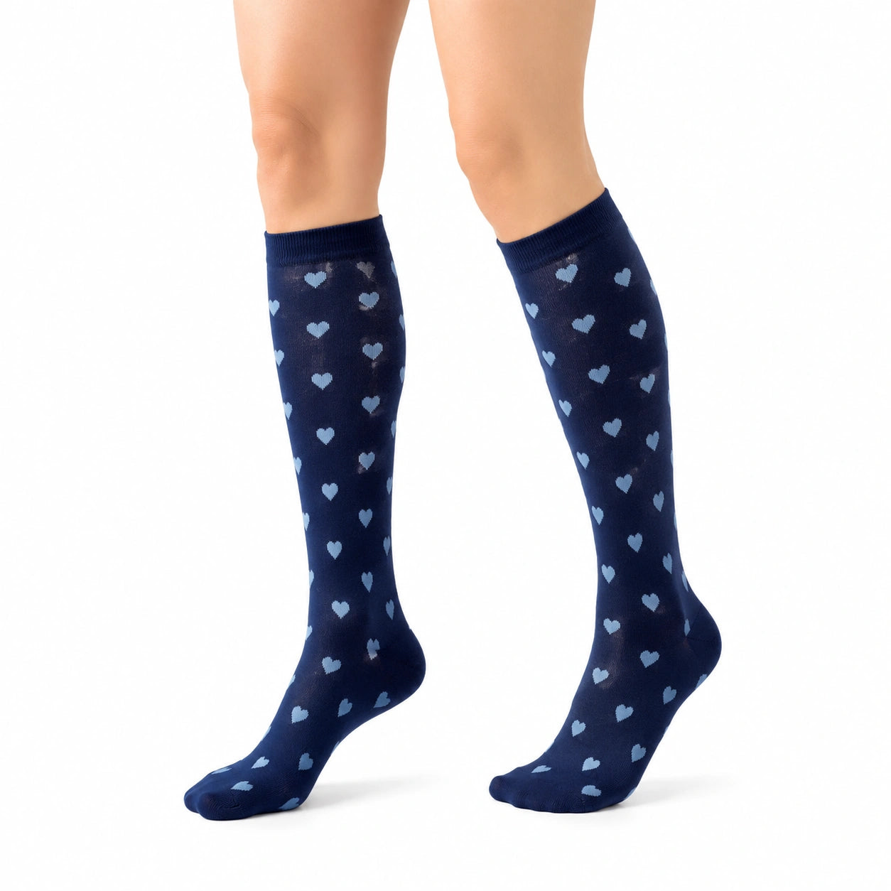 Kniestrümpfe Größe 39-42 dunkelblau mit hellblauem Herzmuster