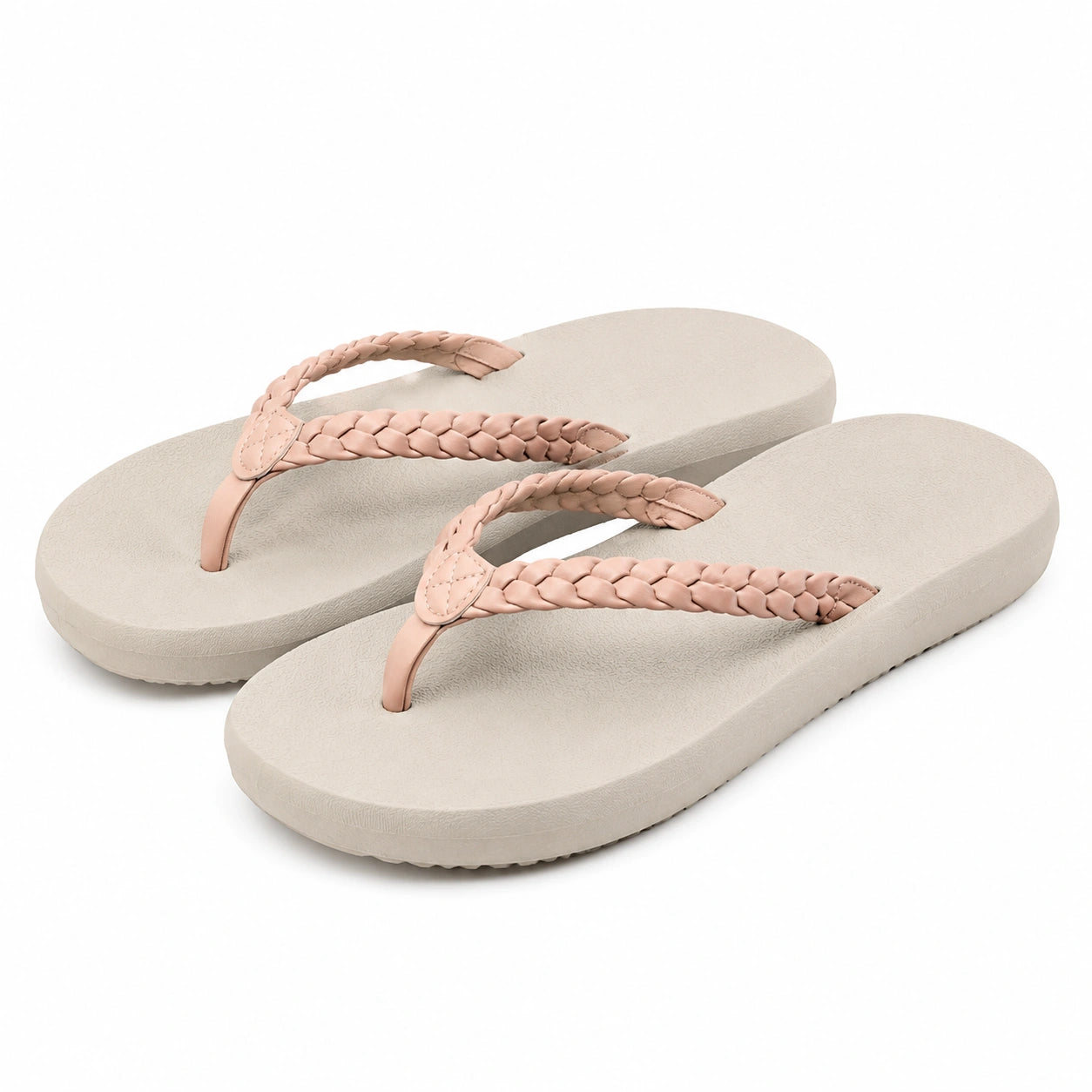 Damen Zehentrenner Größe 42/43 Beige Rosa mit geflochtenen Kunstlederriemen