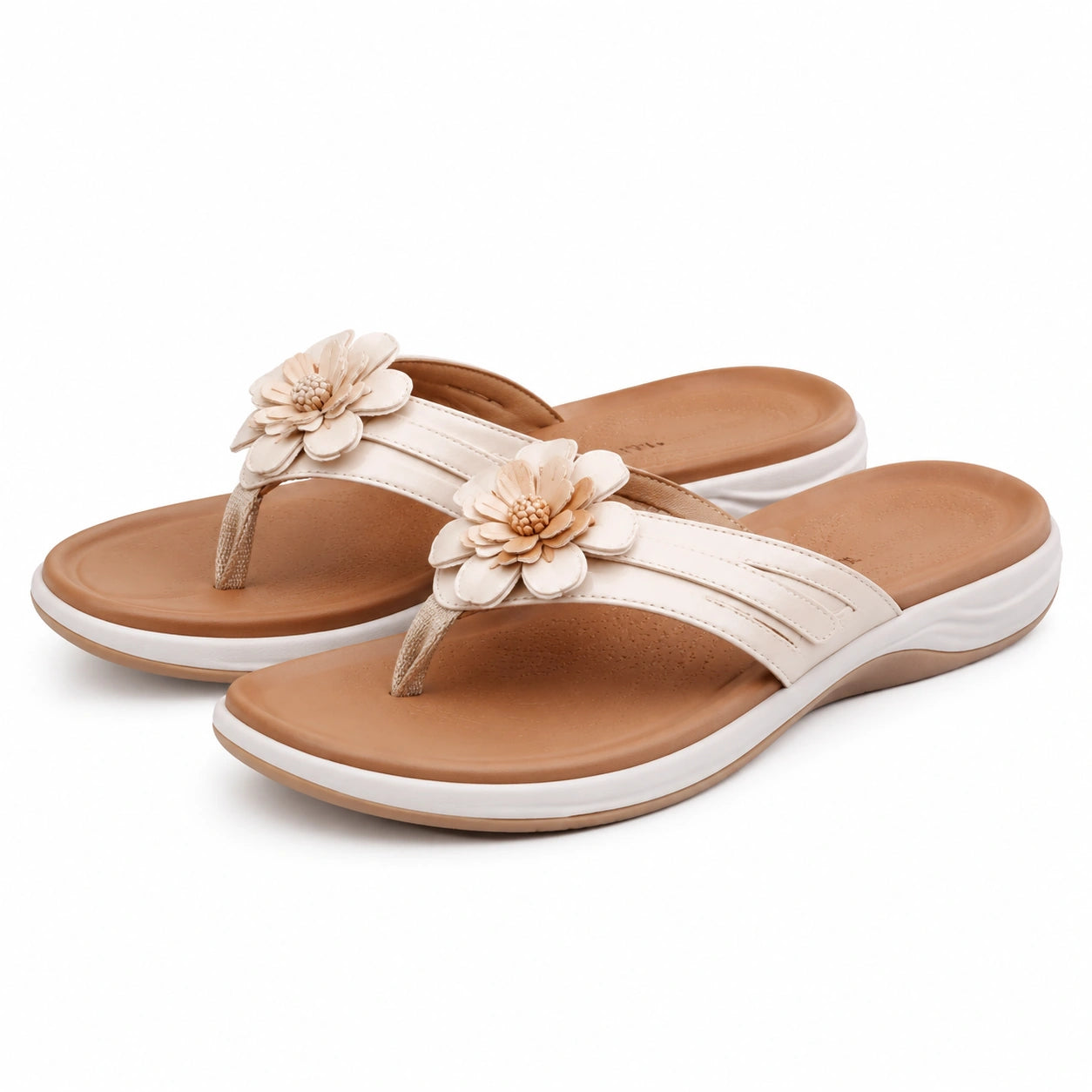 Damen Zehentrenner 42/43 Beige mit Blumenapplikation und Komfortsohle