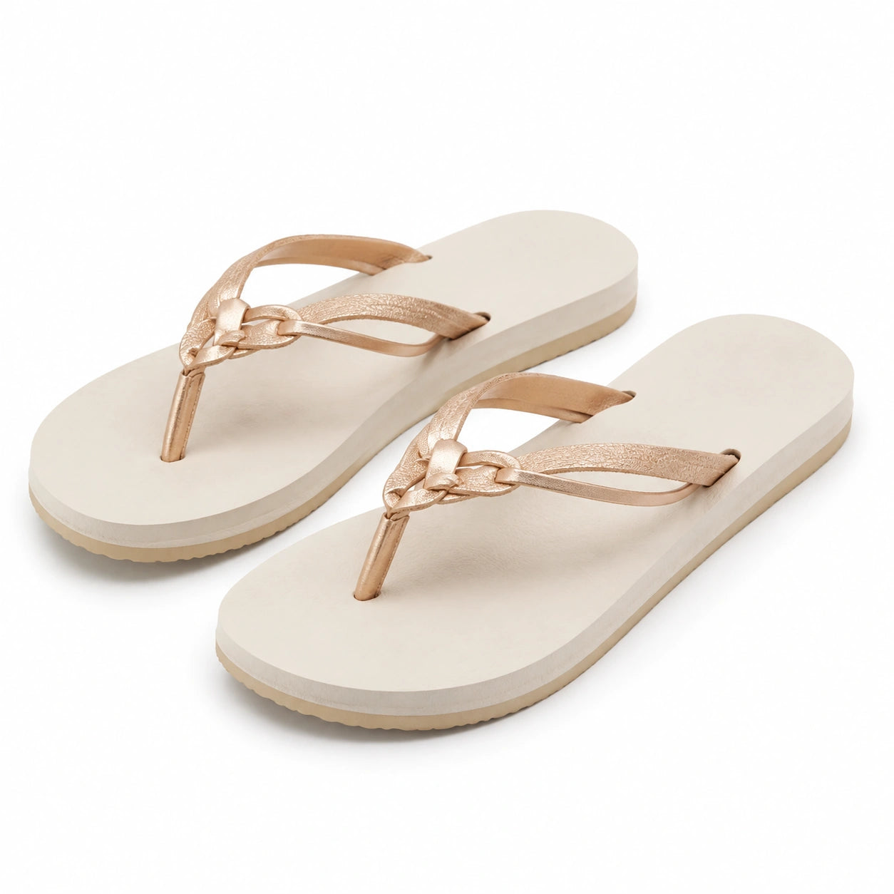 Zehentrenner Damen 42/43 Beige Gold Synthetik mit geflochtenen Riemen