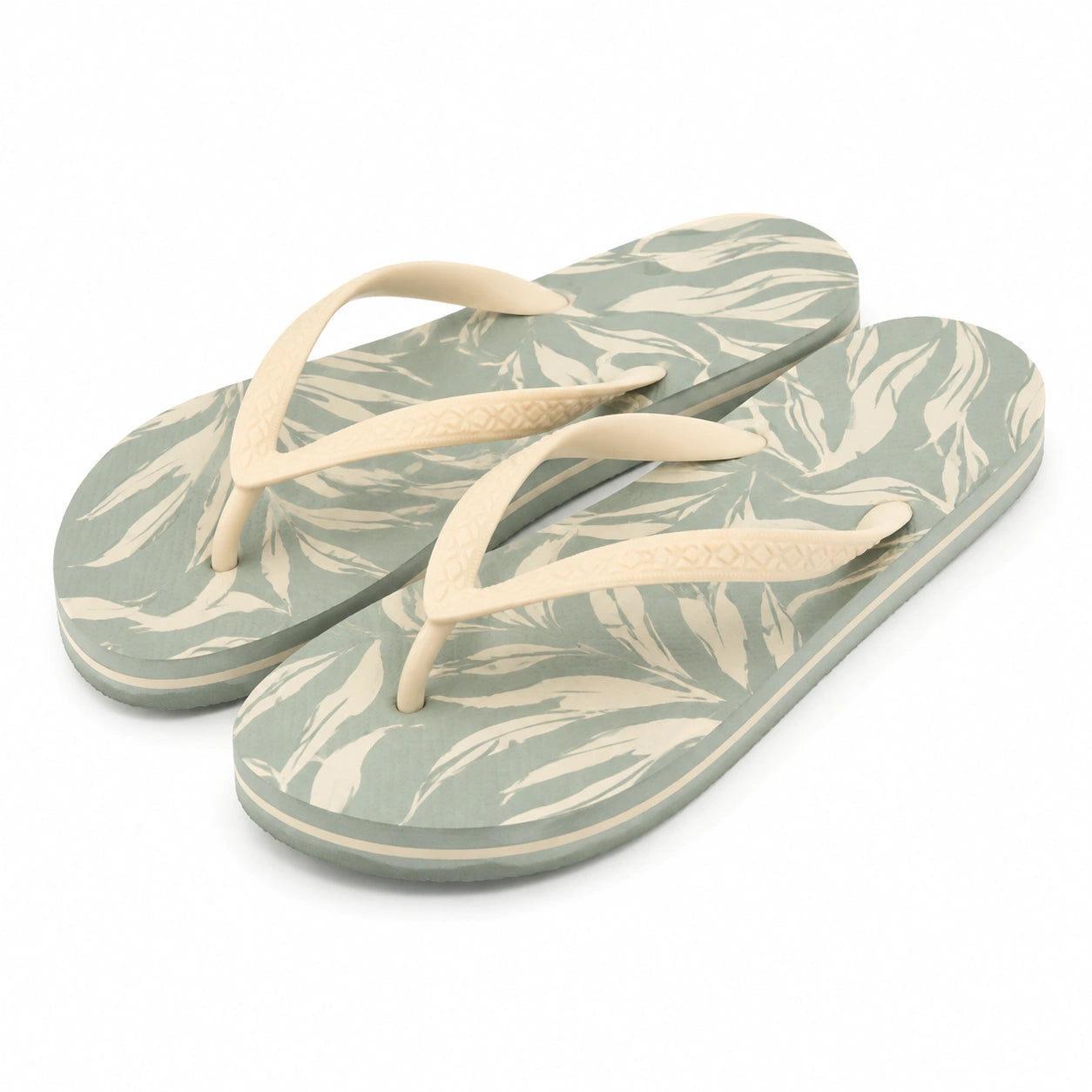 Zehentrenner 38/39 aus Synthetik in Salbeigrün Creme mit Blattmuster