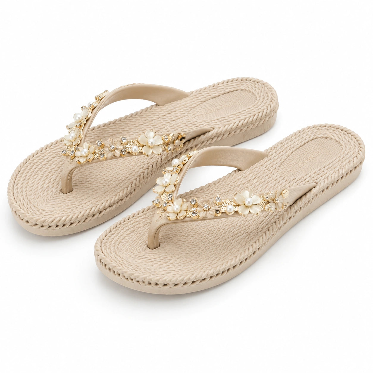 Damen Zehentrenner Größe 40/41 Beige Kunststoff mit Blumenapplikationen Sommerstil